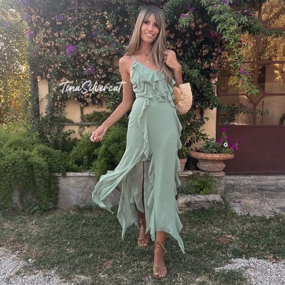 BLOGGER'S FAVE! Zara Long Ruffled Dress Sea Green NWT - Picture 13 of 17